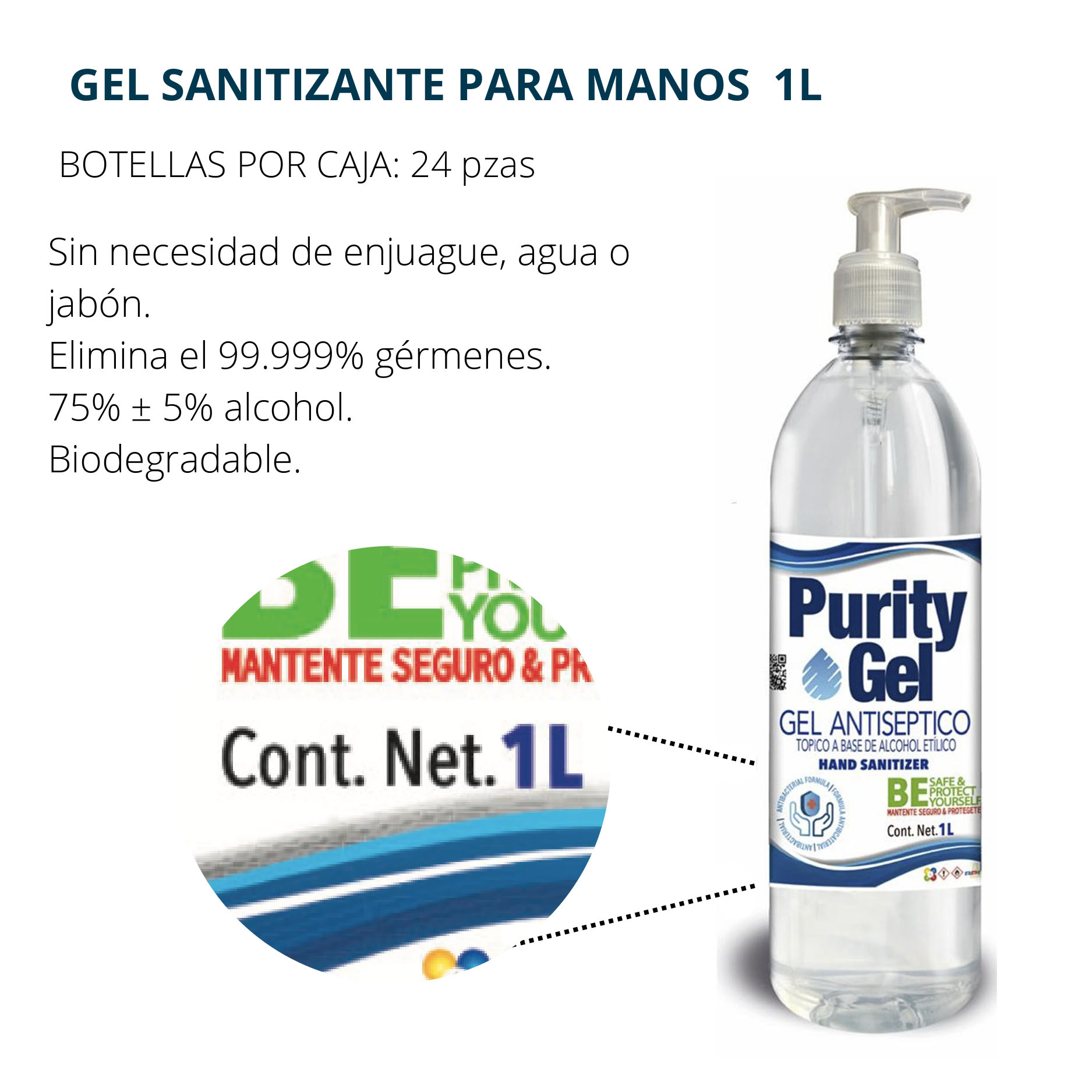 Gel Antibacterial Para Manos 1 L Purity Gel Mayoreo 24 Pzas