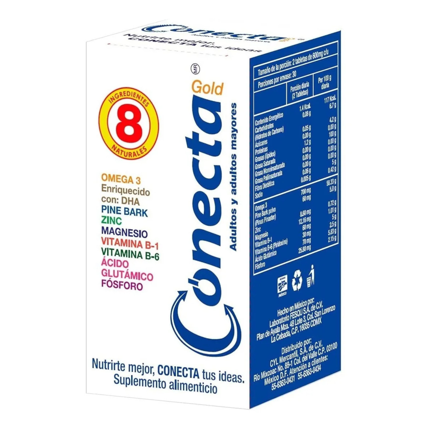 Conecta Gold, 60 Tabletas, 600 mg c/u, Vitamina para Adulto y Adulto Mayor, Memoria y Concentracion