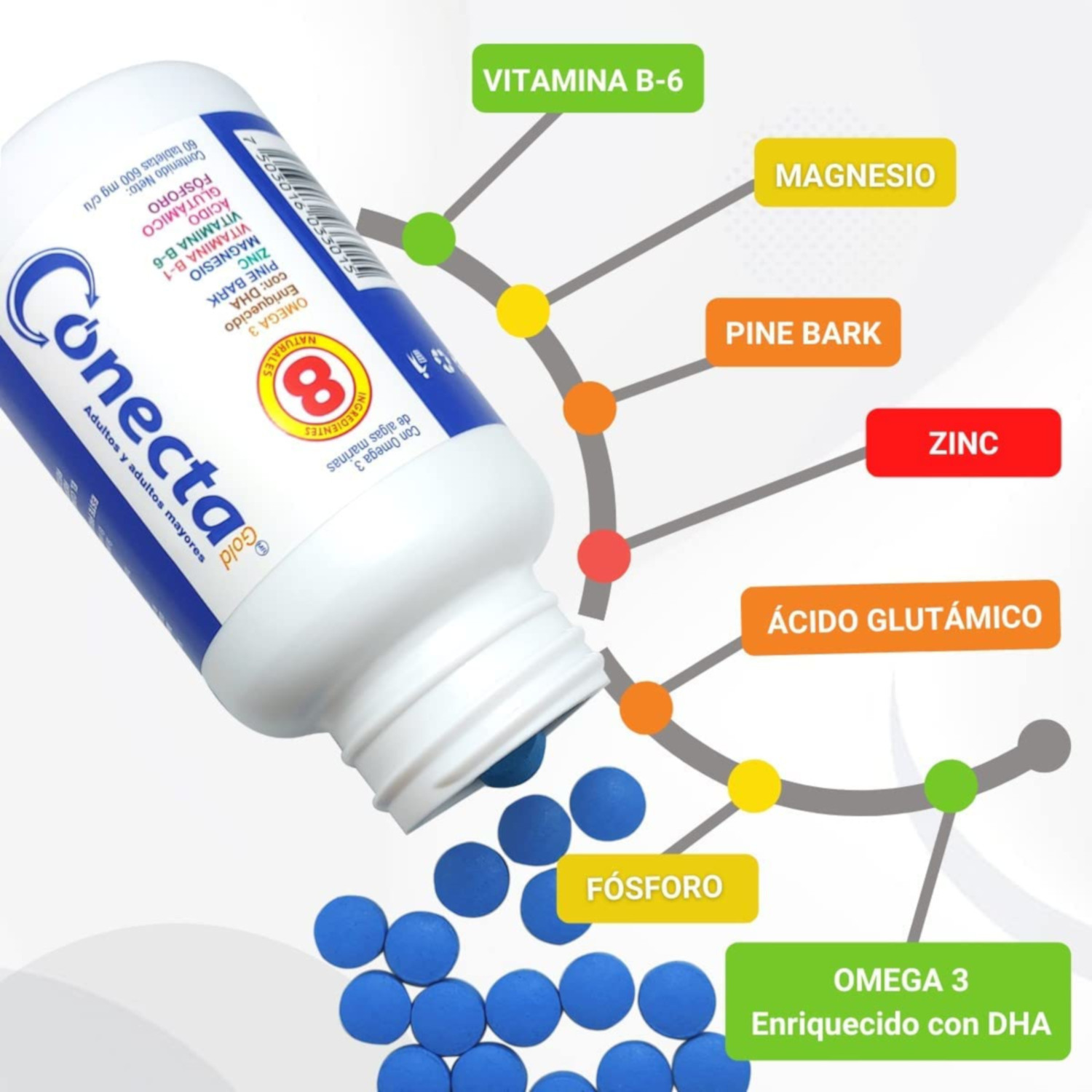 Conecta Gold, 60 Tabletas, 600 mg c/u, Vitamina para Adulto y Adulto Mayor, Memoria y Concentracion