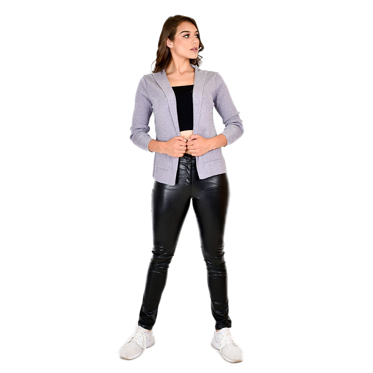 Sueter Cardigan De Punto Con Gorro Para Mujer 128- Gris