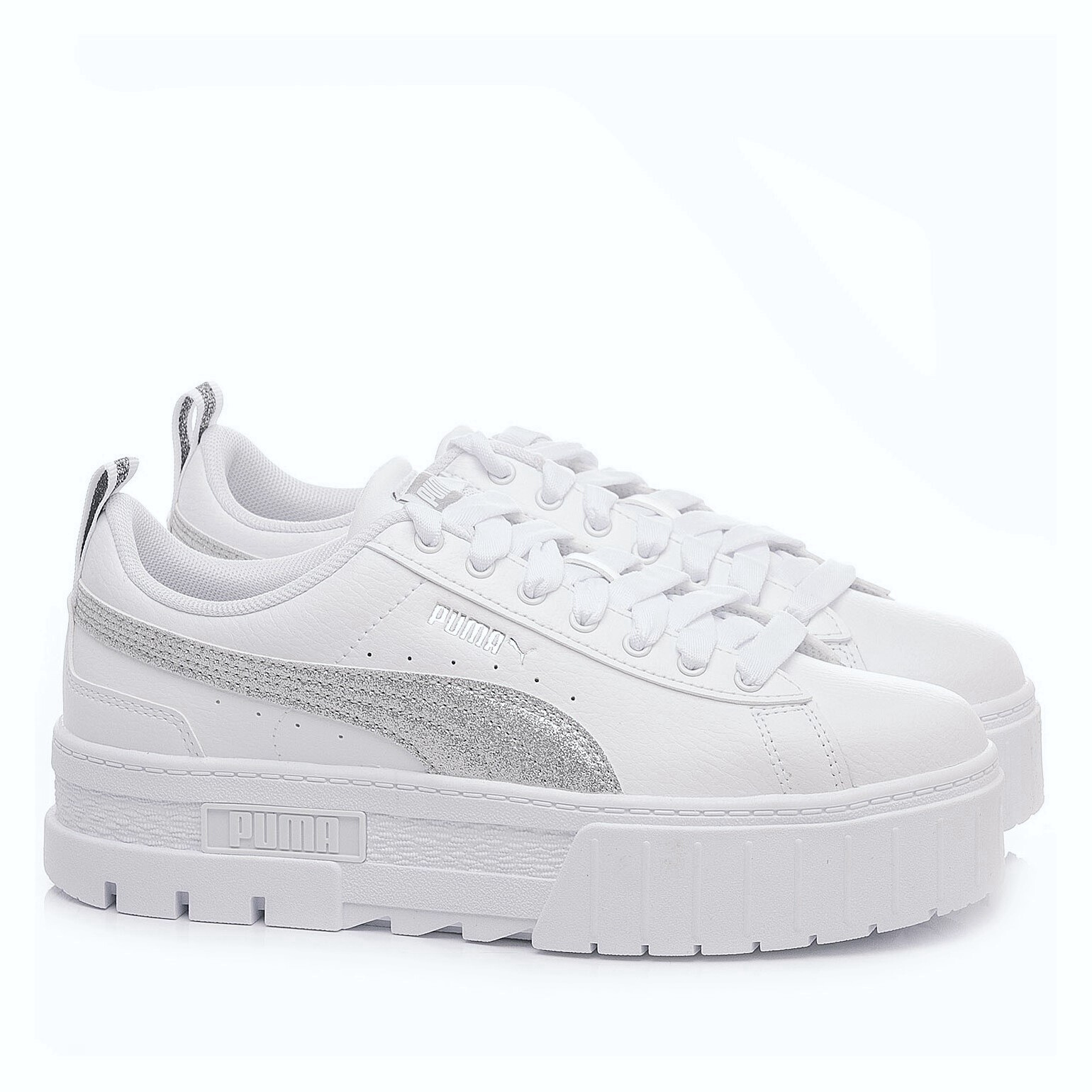 Tenis Puma Mayze Plataforma Blanco Glitter Plata De Dama