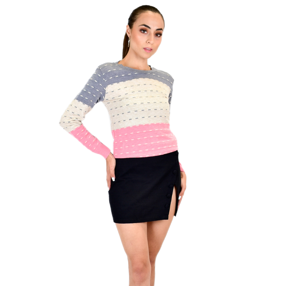 Sueter Manga Larga Rayado Para Mujer - 1001 Rosa