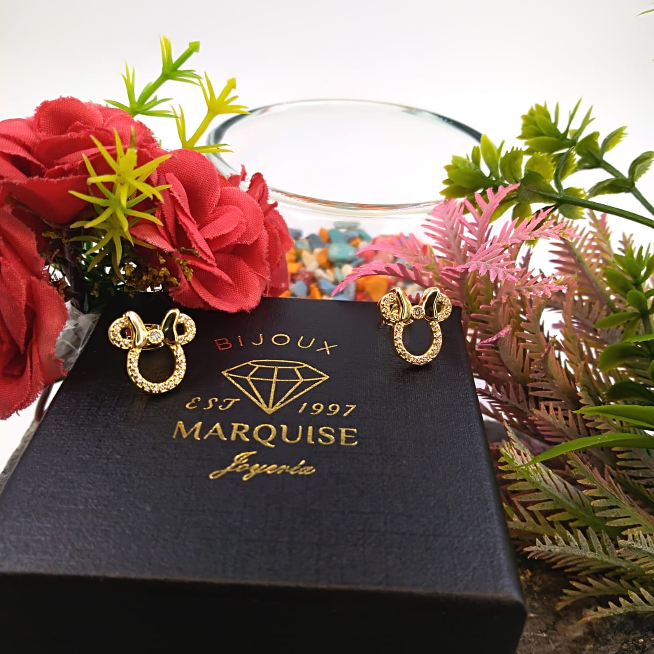 Aretes Bijous Marquise Mickey Mouse Zirconia Chapa Oro 18k