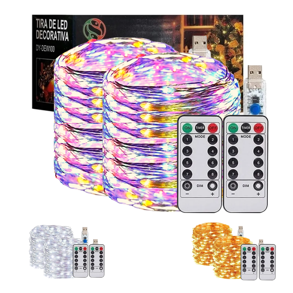Luces decorativas Control Remoto Tira Led DOSYU 10m. 100 leds 2pzs. Resistente al agua RGB/BLANCO FRIO/BLANCO CALIDO