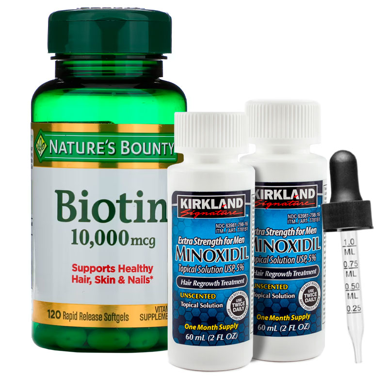 Minoxidil Kirkland 5% Solución Tópica 2 Meses + Biotina Rápida Absorción 120 Softgels
