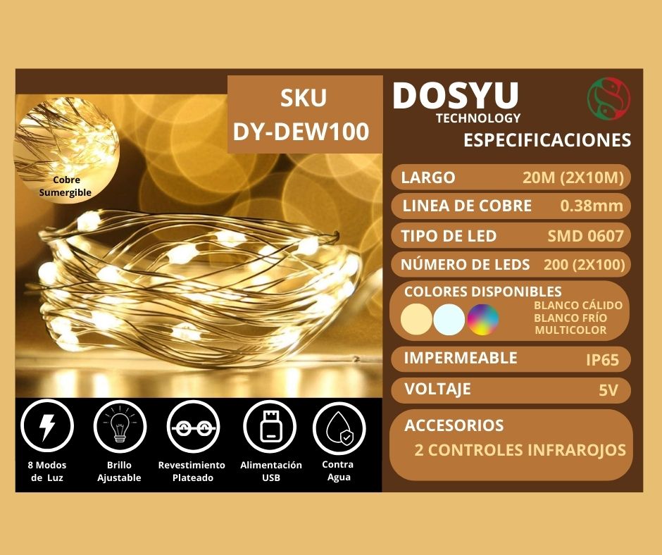 Luces decorativas Control Remoto Tira Led DOSYU 10m. 100 leds 2pzs. Resistente al agua BLANCO FRIO/RGB/BLANCO CALIDO