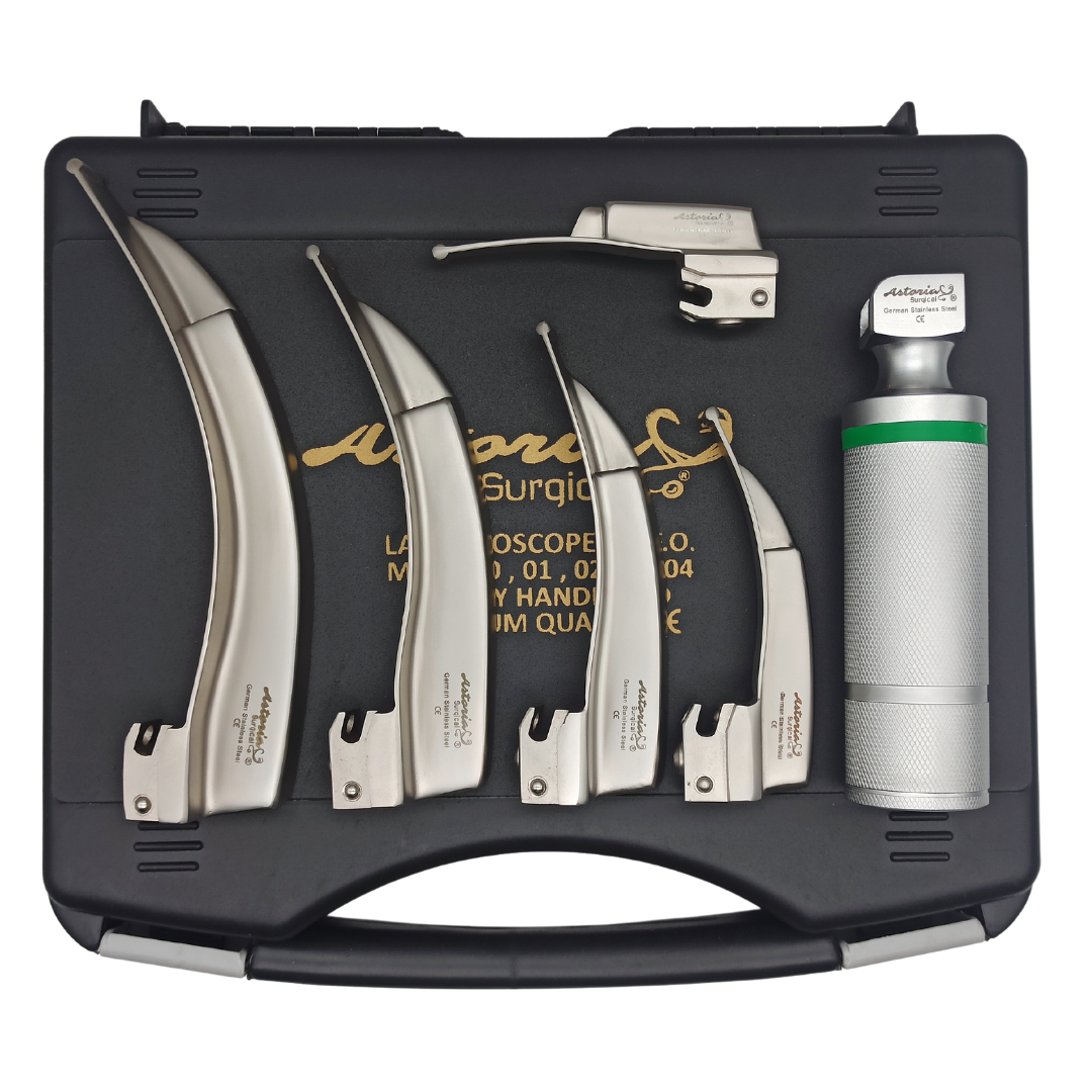 Laringoscopio Macintosh Stubby Luz Blanca LED Fibra Optica Integrada Megablade 5 Hojas