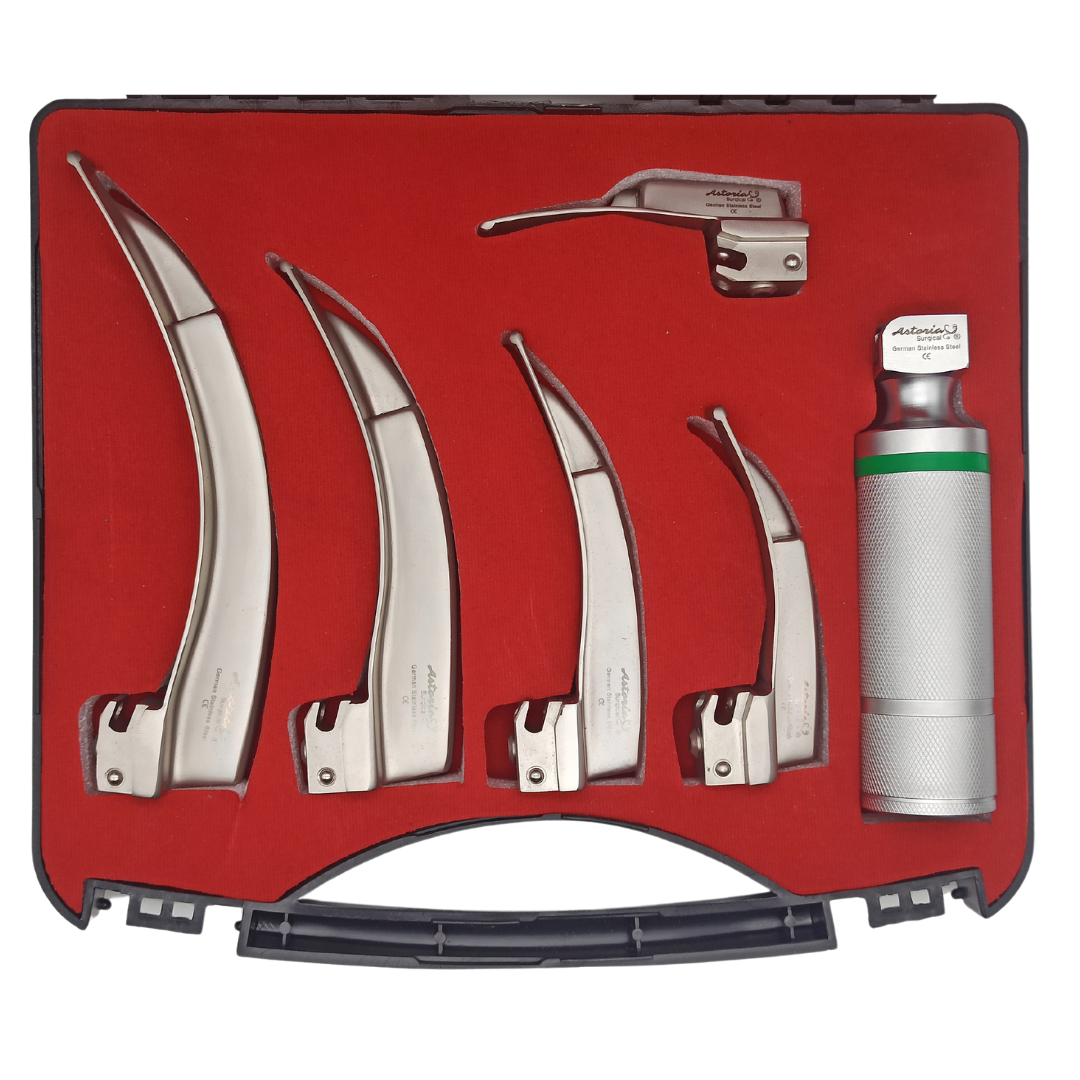 Laringoscopio Macintosh Stubby Luz Blanca LED Fibra Optica Integrada Megablade 5 Hojas