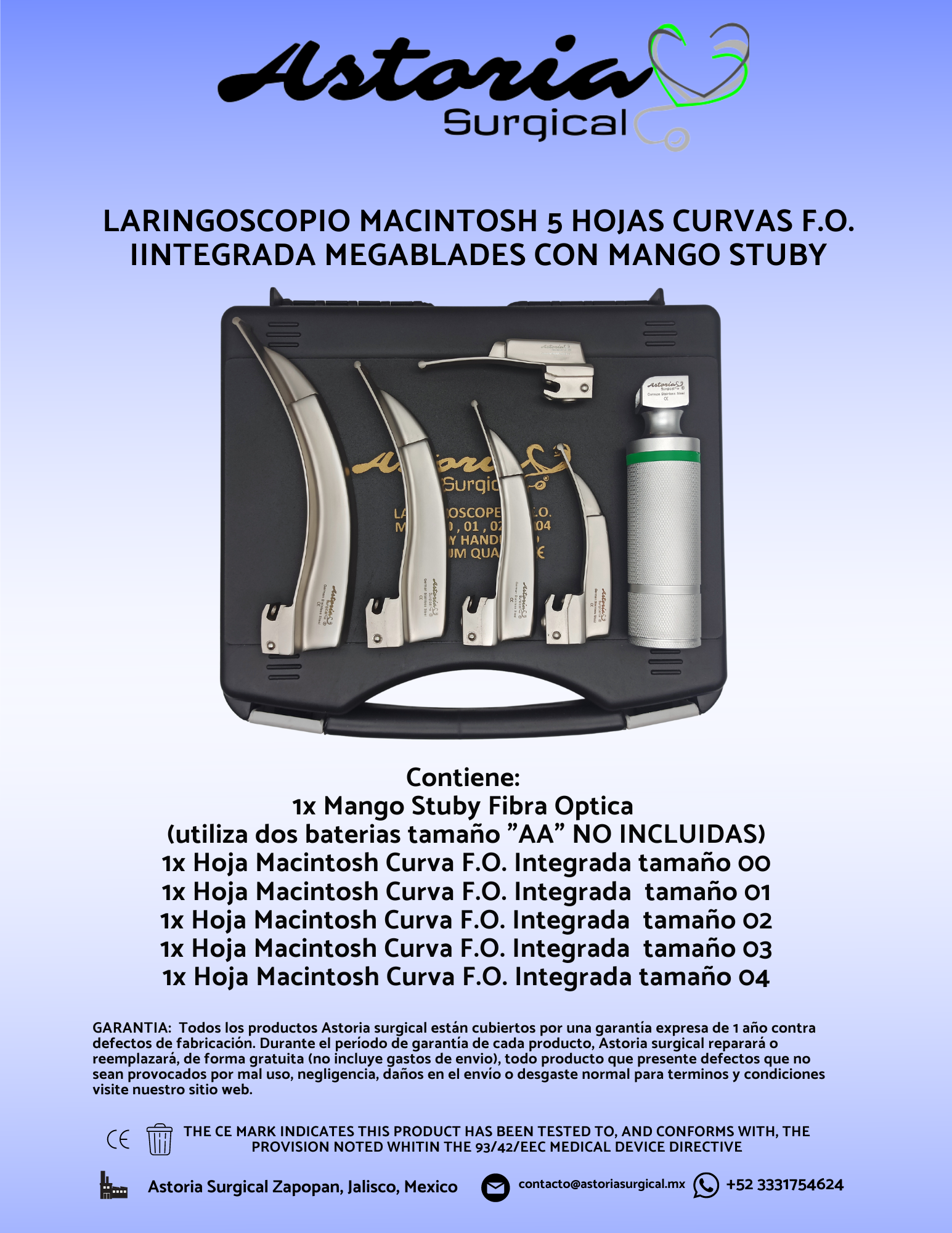 Laringoscopio Macintosh Stubby Luz Blanca LED Fibra Optica Integrada Megablade 5 Hojas