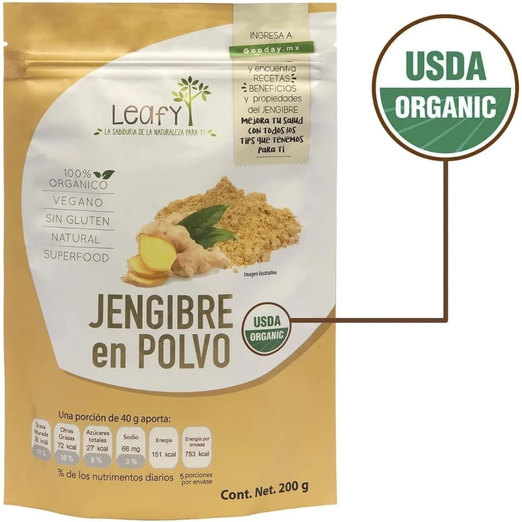 Jengibre Orgánico En Polvo 200g Leafy