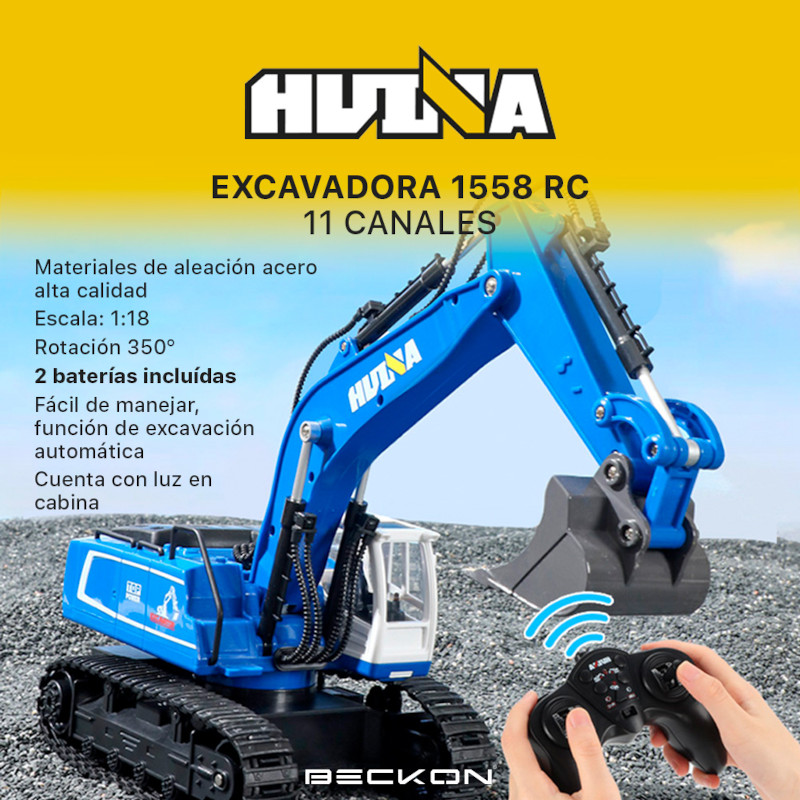 Excavadora a control remoto RC Huina 1558 azul Metal 1:18 11 canales 2.4Ghz Rc de construcción Retroexcavadora