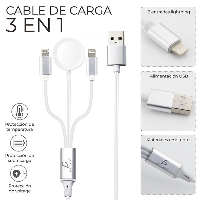 Cable De Usb Lightning 3 En 1 Para Apple Watch y Iphone