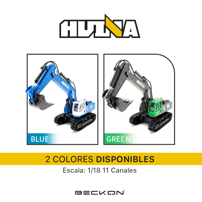 Excavadora a control remoto RC Huina 1558 azul Metal 1:18 11 canales 2.4Ghz Rc de construcción Retroexcavadora