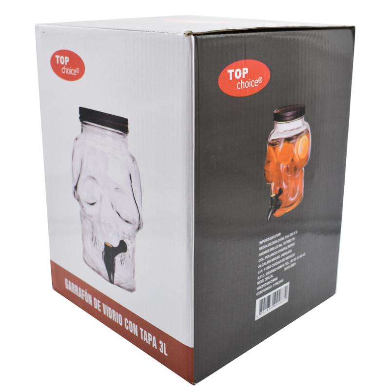 Top Choice 2415-3801 Vitrolero Dispensador Agua Bebidas Calavera Vidrio 3L