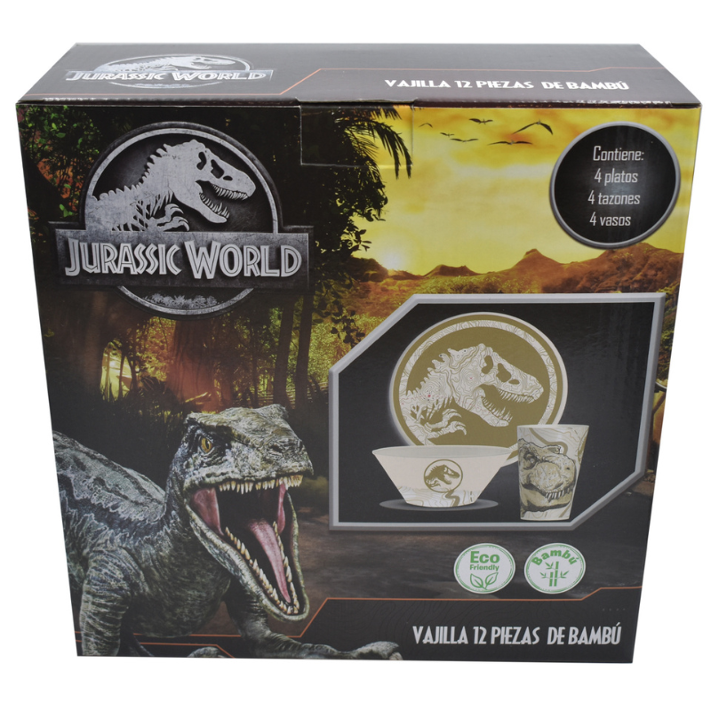 Fun Kids 1762-50 Vajilla Jurassic World Dominion Bambu Ecológica Multicolor Colección 12pz 