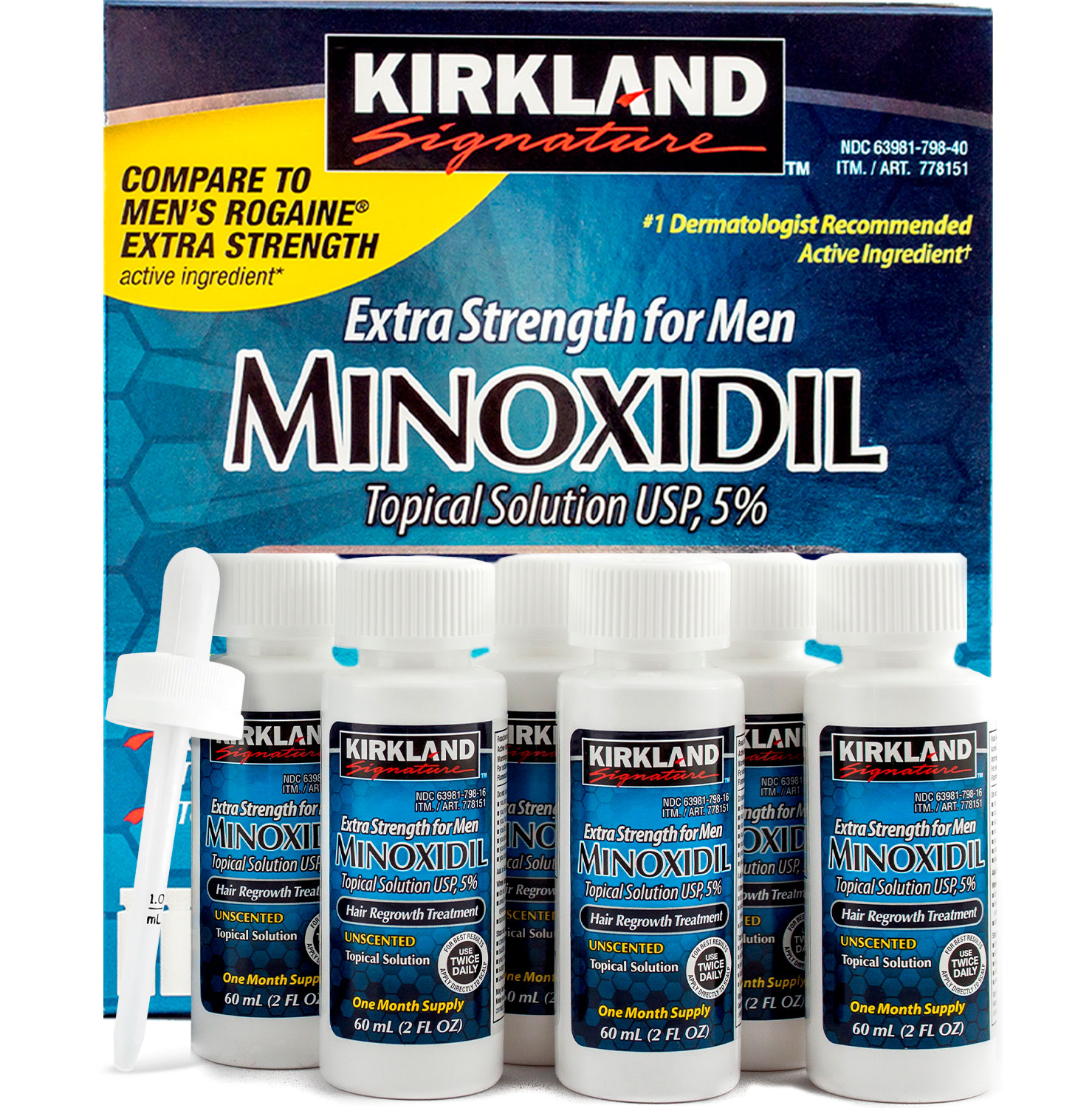 Minoxidil Kirkland 5% Solución Tópica 6 Meses ( 6 Frascos de 60ml c/u Total 360ml ) Incluye Aplicador e Instructivo