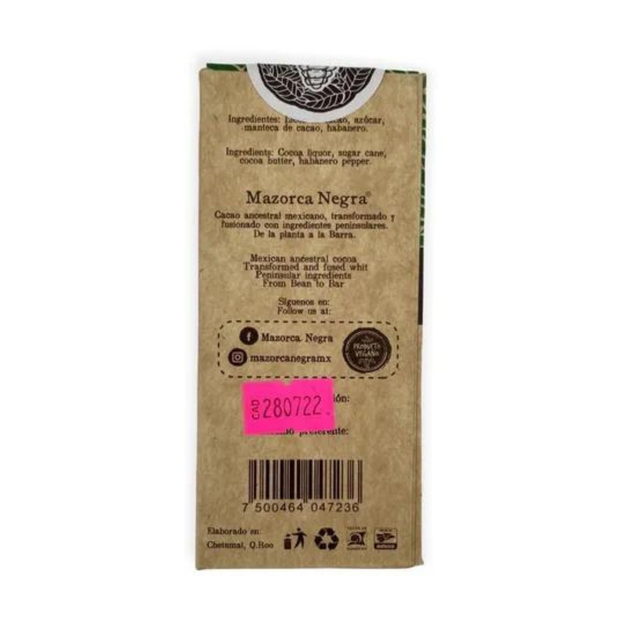 Chocolate Semiamargo Habanero 58% Cacao 60g Mazorca Negra