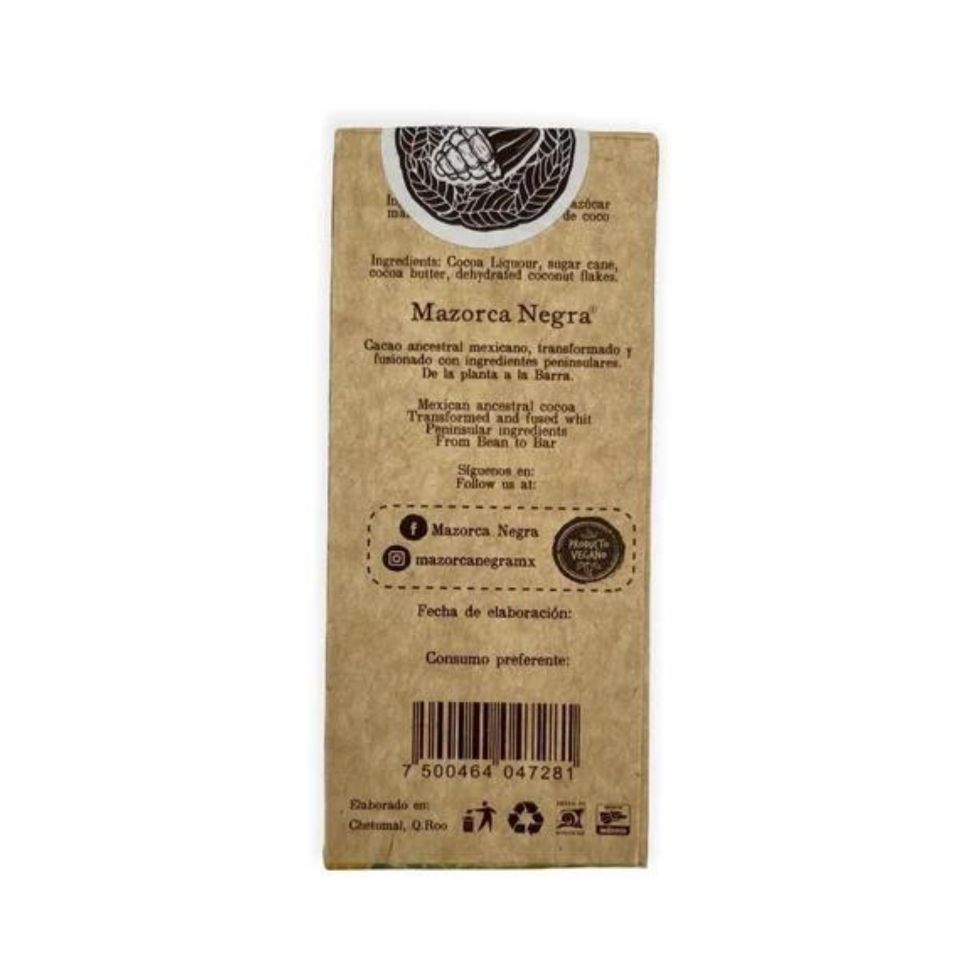 Chocolate Semiamargo Coco Caribeño 60g Mazorca Negra
