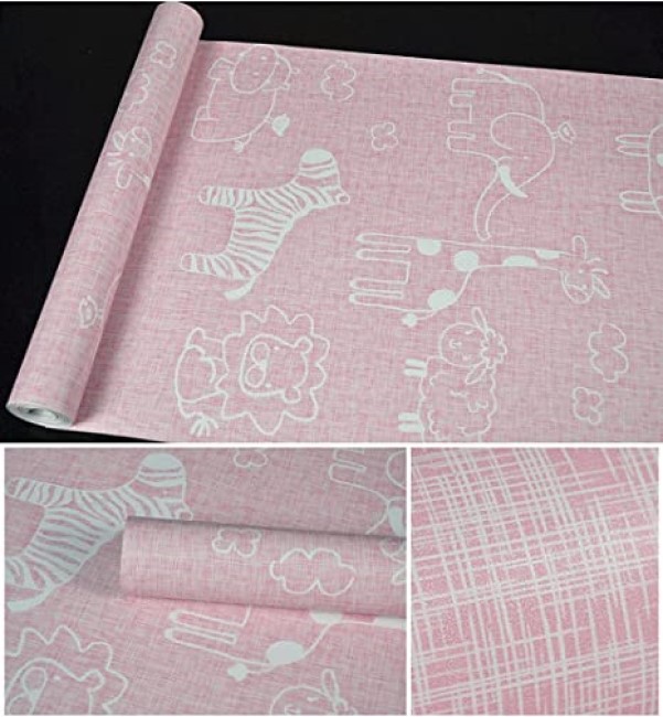 Papel Tapiz Adherible Rosa Animales Infantil 10m X 45cm
