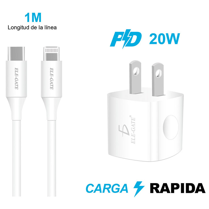 Kit Cargador y Cable Iphone De Carga Rapida Pd Tipo C Lightning Usb 20w