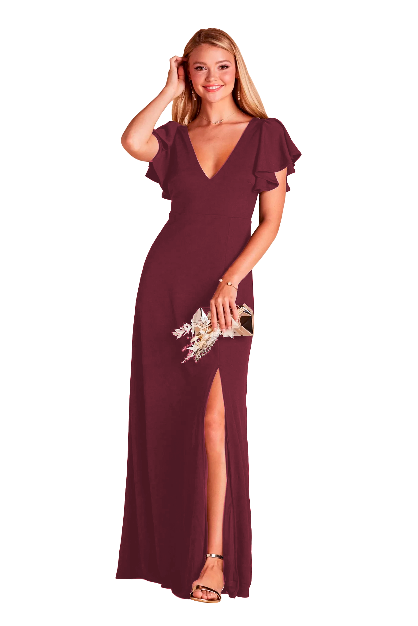 Vestido cuello V olanes en las mangas y abertura