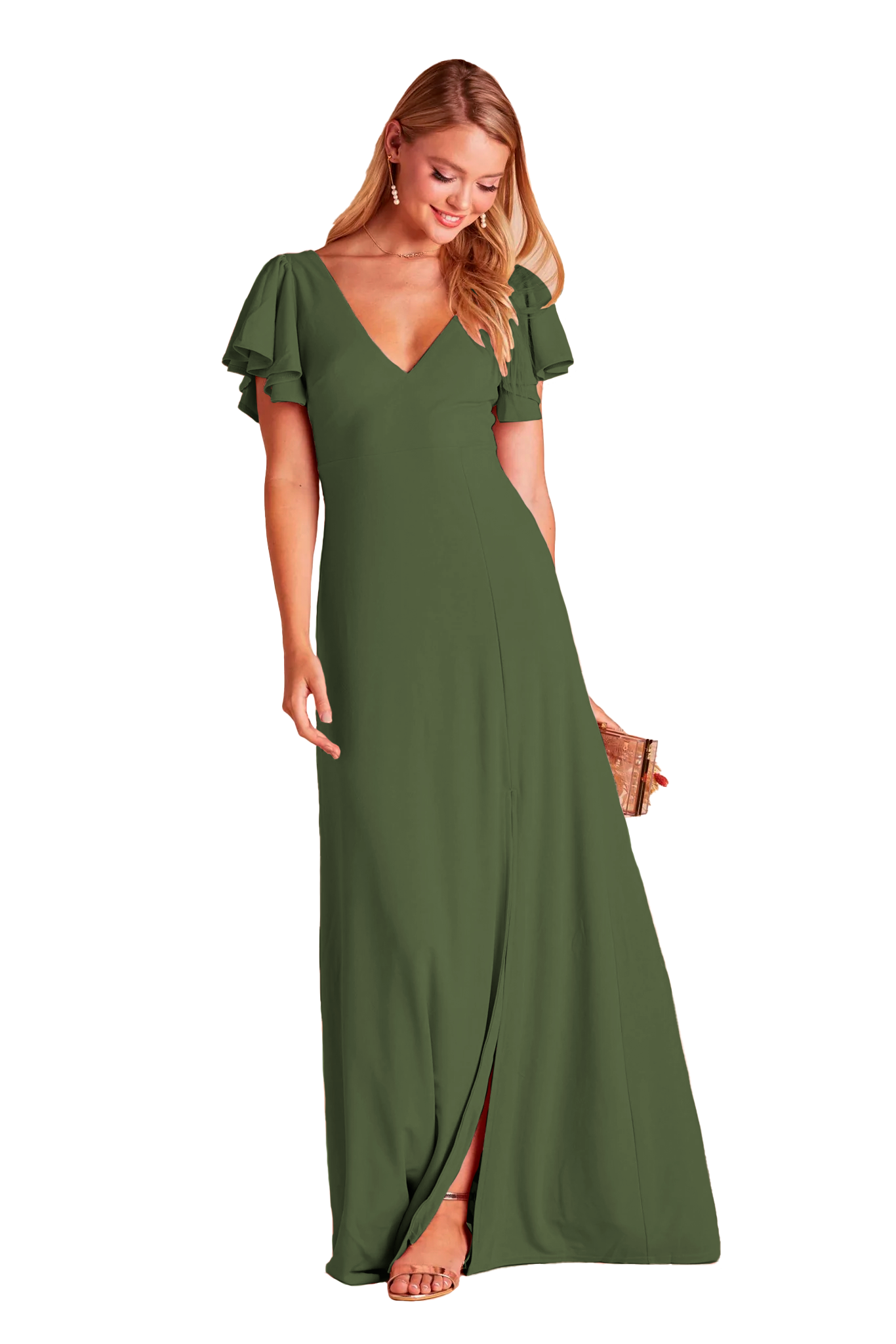 Vestido cuello V olanes en las mangas y abertura