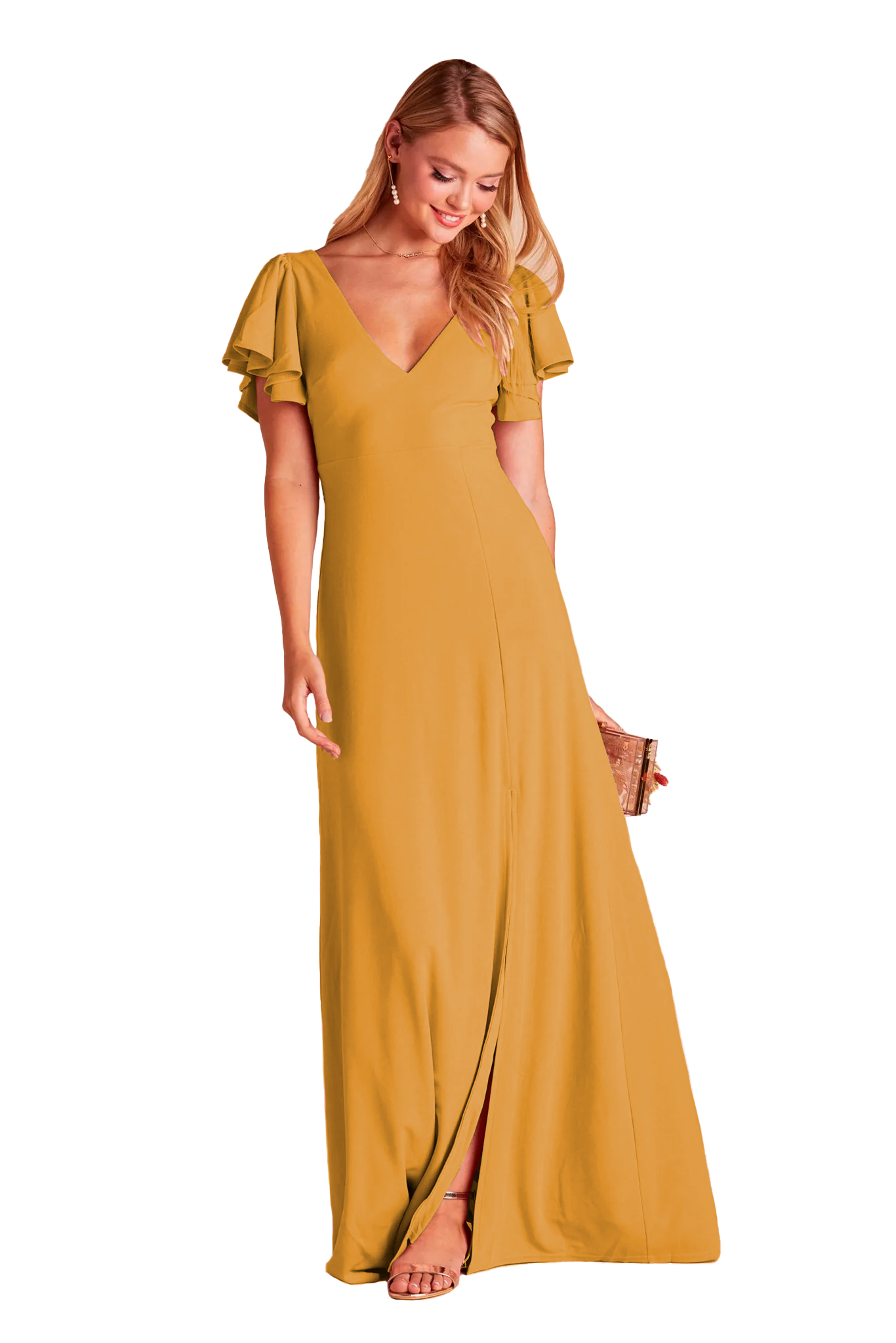 Vestido cuello V olanes en las mangas y abertura