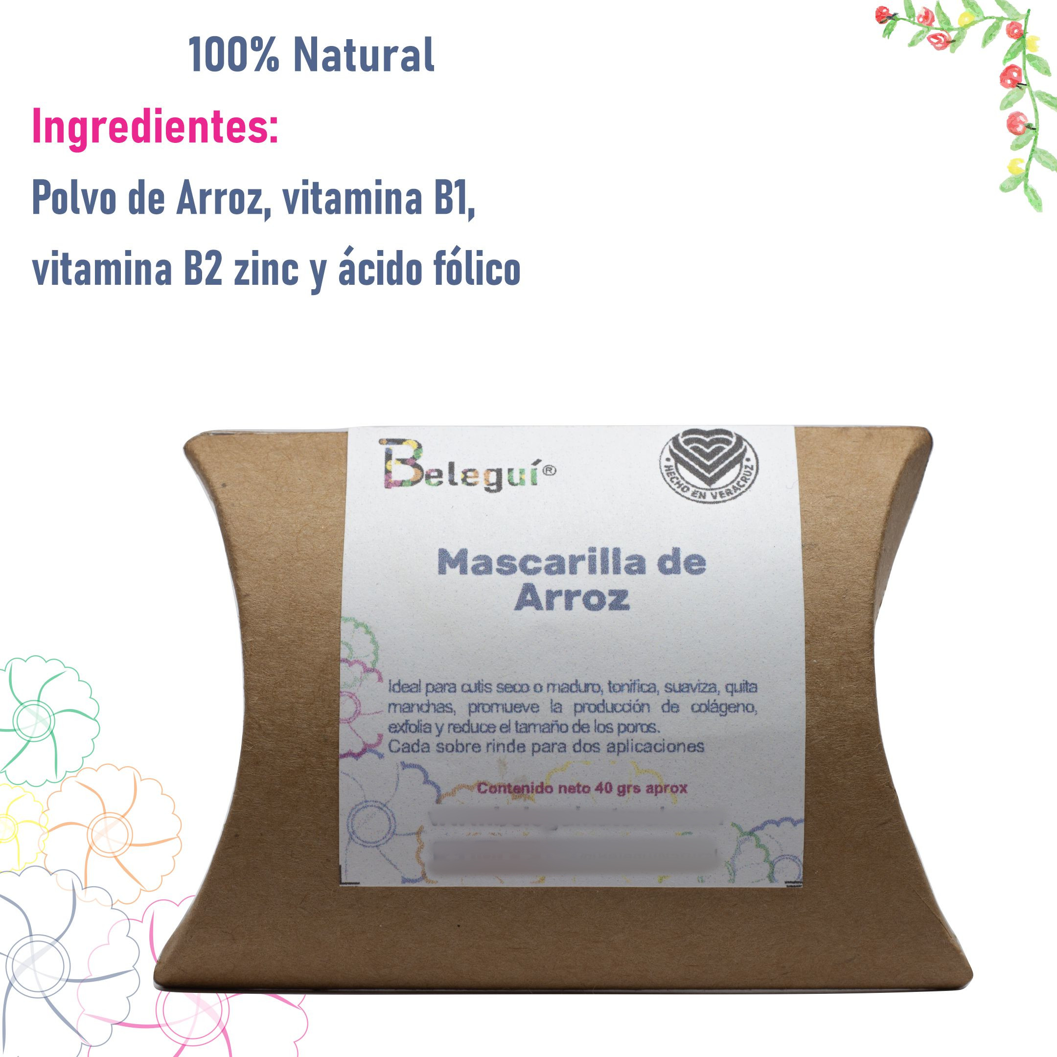 Mascarilla Polvo de Arroz, Beleguí. 40 grs 2 paquetes. Natural 100%