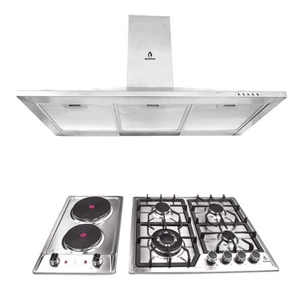 COMBO con campana de pared 90cm, parrilla eléctrica y parrilla de gas SUPRA DODICI de acero inoxidable