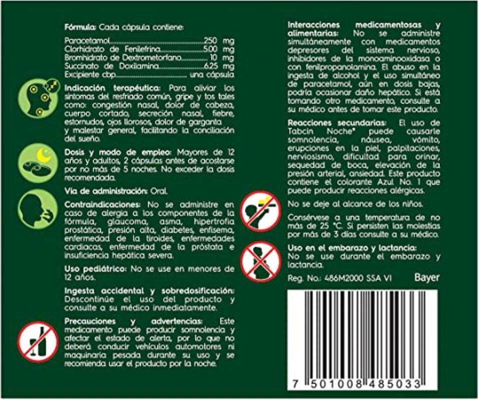 2 paquetes de 12 Capsulas Tabcin Noche 616992 Antigripal