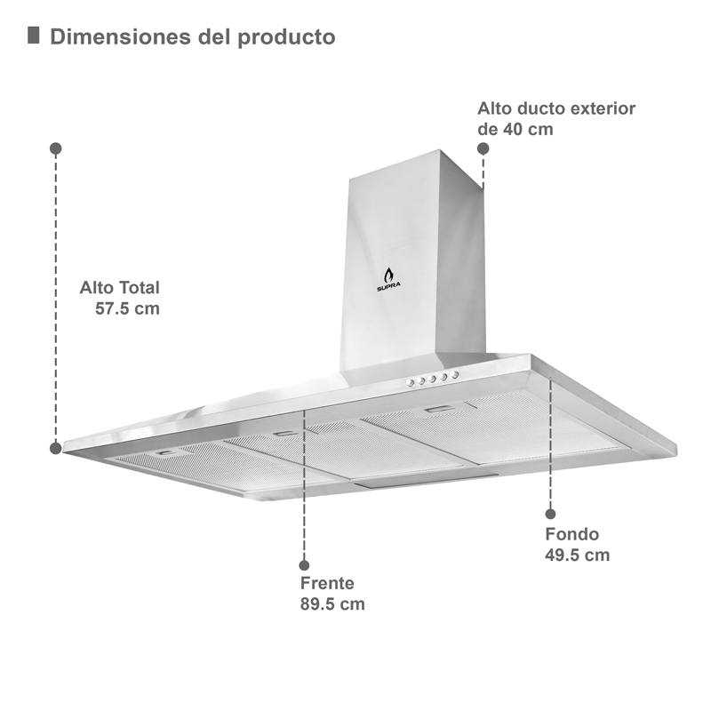 COMBO con campana de pared 90cm, parrilla de gas y parrilla eléctrica SUPRA ETNA de acero inoxidable