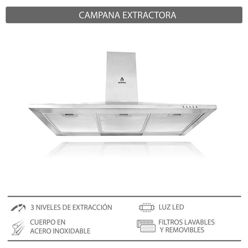 COMBO con campana de pared 90cm, parrilla de gas y parrilla eléctrica SUPRA ETNA de acero inoxidable