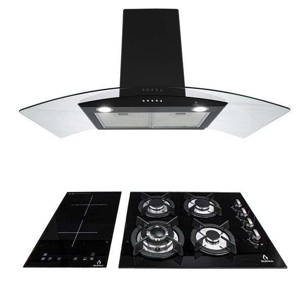 COMBO con campana de pared 90cm, parrilla de inducción y parrilla de gas SUPRA GRONA de cristal templado color negro