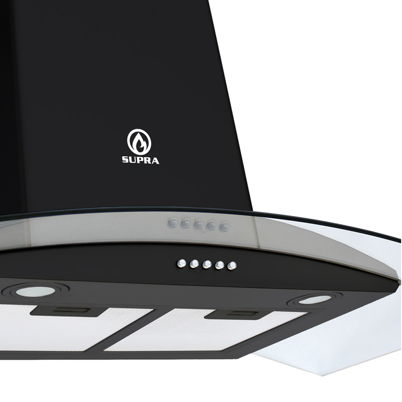 COMBO con campana de pared 90cm, parrilla de inducción y parrilla de gas SUPRA GRONA de cristal templado color negro