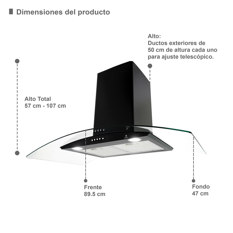 COMBO con campana de pared 90cm, parrilla de inducción y parrilla de gas SUPRA GRONA de cristal templado color negro