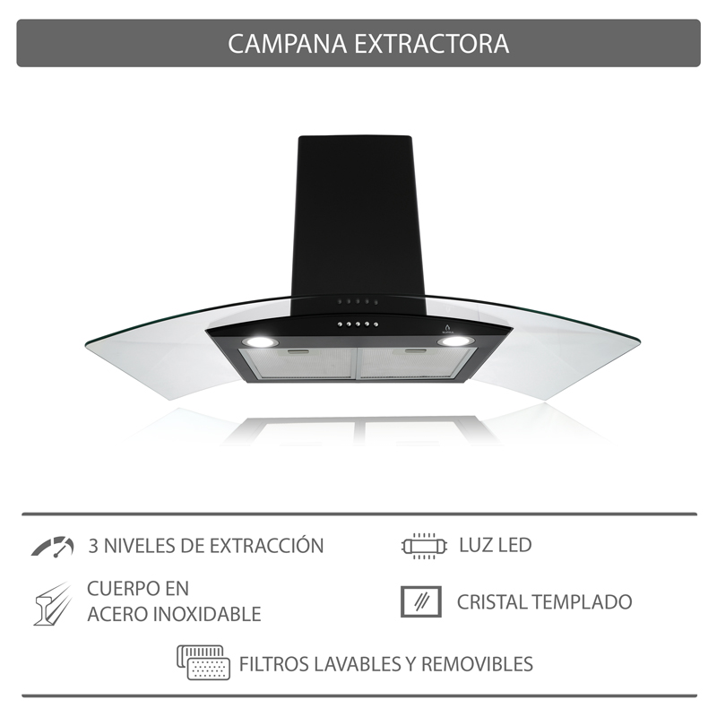 COMBO con campana de pared 90cm, parrilla de inducción y parrilla de gas SUPRA GRONA de cristal templado color negro