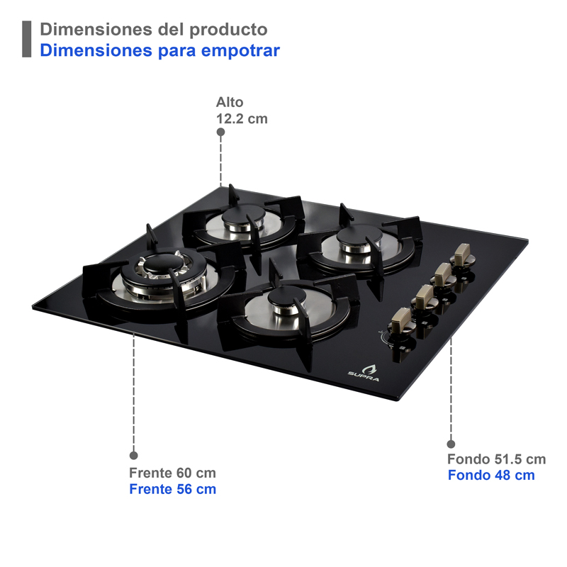 COMBO con campana de pared 90cm, parrilla de inducción y parrilla de gas SUPRA GRONA de cristal templado color negro