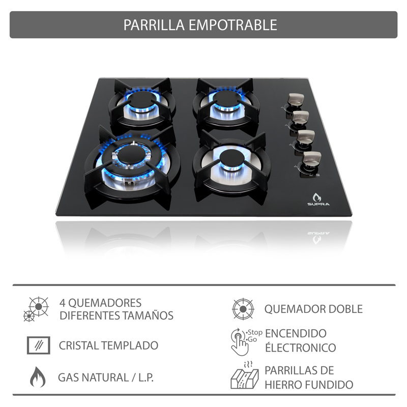 COMBO con campana de pared 90cm, parrilla de inducción y parrilla de gas SUPRA GRONA de cristal templado color negro