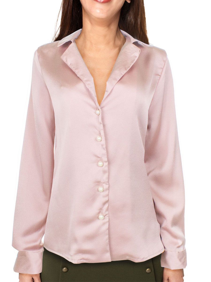 Camisa Satén Moda Mujer Botón Perlas Manga Larga Mk129