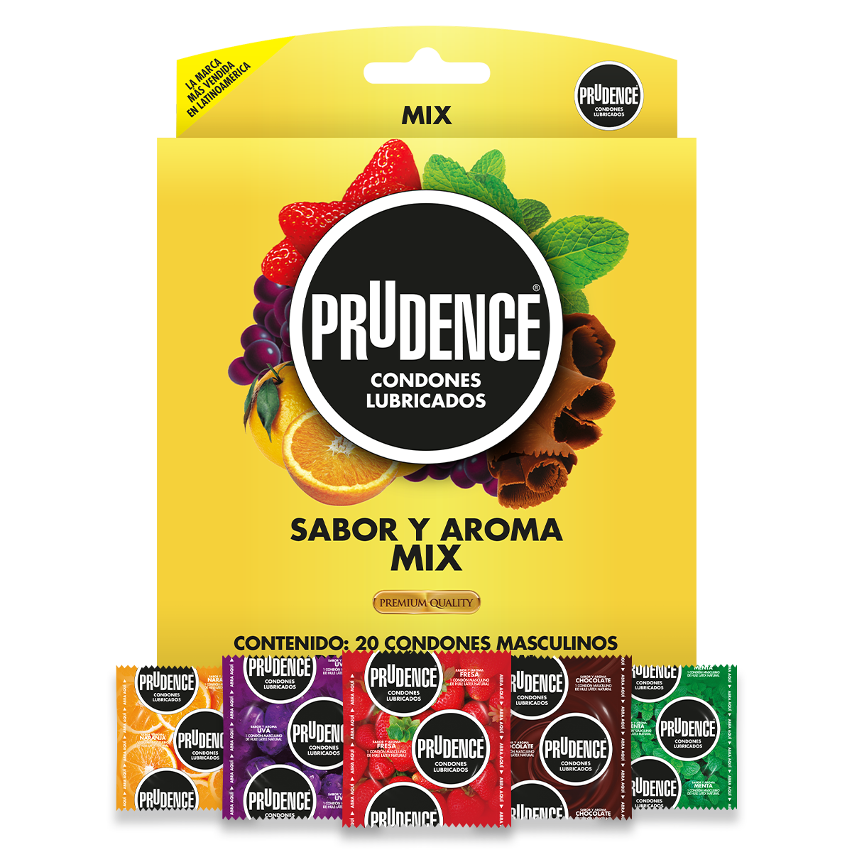 Paquete con 20 Condones Prudence con Sabor Y Aroma Mix