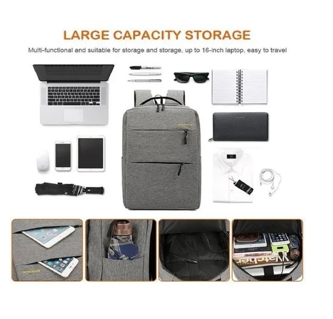 Mochila Multifuncional Antirrobo Con Cargador Usb, Gris Obscuro