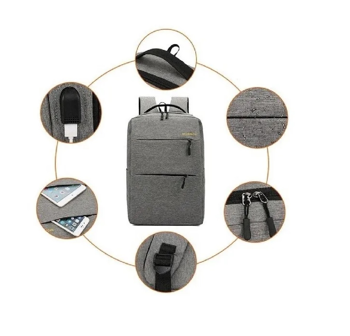 Mochila Multifuncional Antirrobo Con Cargador Usb, Gris Obscuro