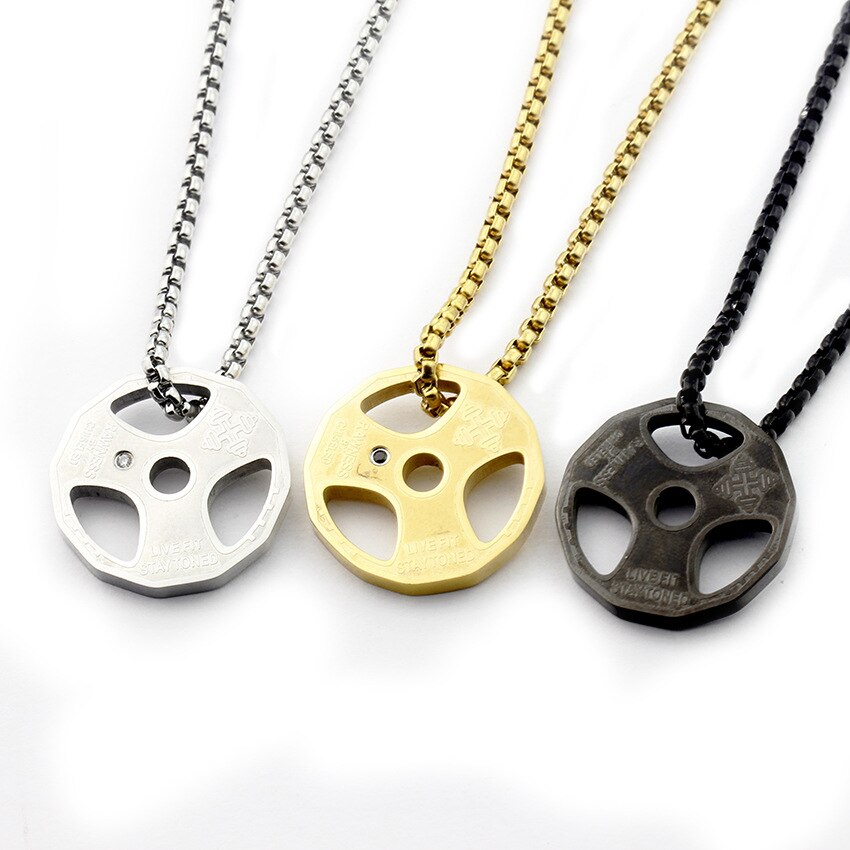 Collar Con Dije De Pesa De Disco De Gym Acero Inoxidable Negro