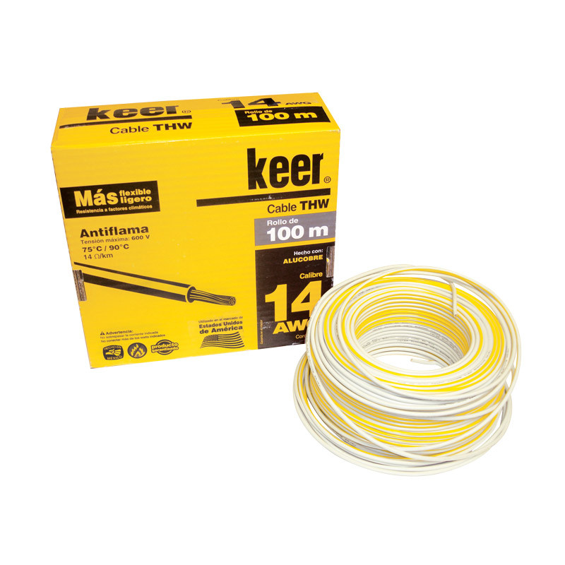 SANELEC, Cable Alucobre, Flexible y Ligero, Antiflama y Resistente, Rollo de 100 metros, Calibre 14 AWG, Color Blanco, KEER 4085