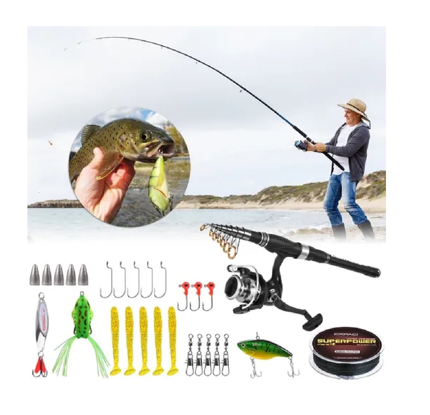 Juego de Caña De Pescar Y Carrete Con Accesorios