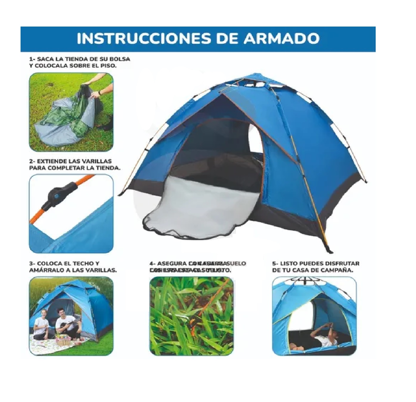 Casa De Campaña Armado Automatico 4 Personas Azul