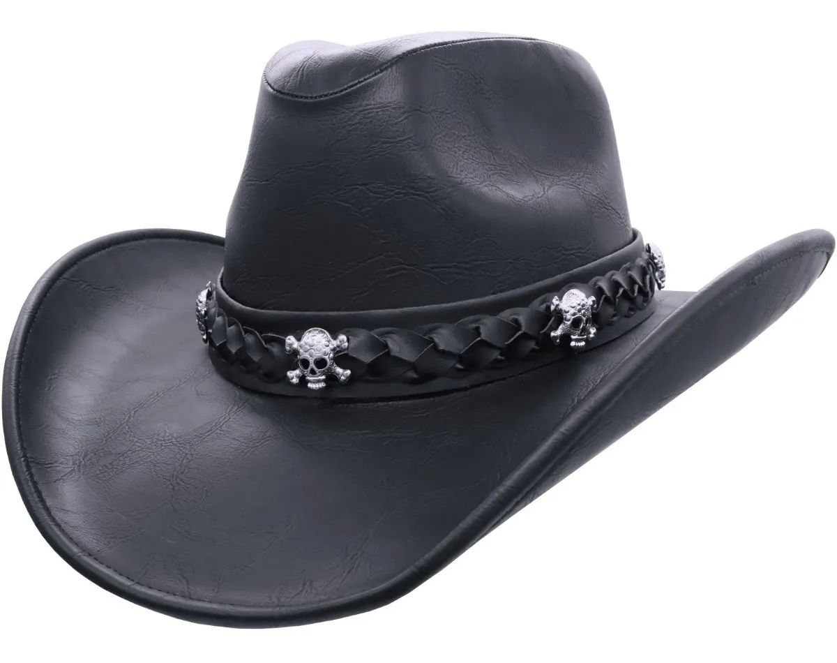 Sombrero Unisex Texana California Calaveras Piel Vegana Vintage Ride Chopper Negro 194