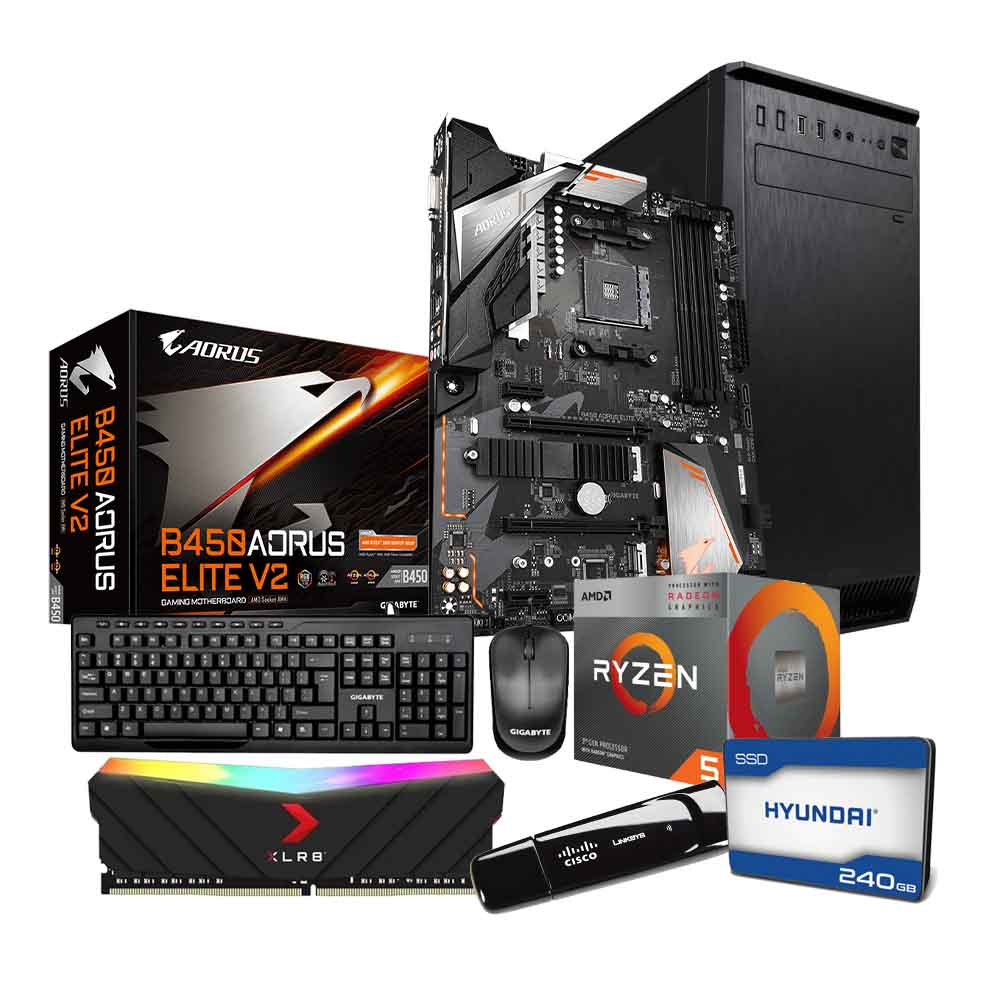  Acteck Turin Media Torre ATX Desktop Gigabyte MB B450 AORUS Elite V2 AMD Ryzen 5 PRO 4650G 8GB DDR4 RAM 240GB SSD Teclado y Mouse Negro WiFi Adaptador de red inalámbrico Linksys WUSB100  