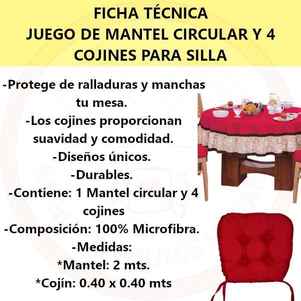 Kit Para Comedor | Mantel Circular C/ Juego De 4x Cojines | Color Marrón Claro