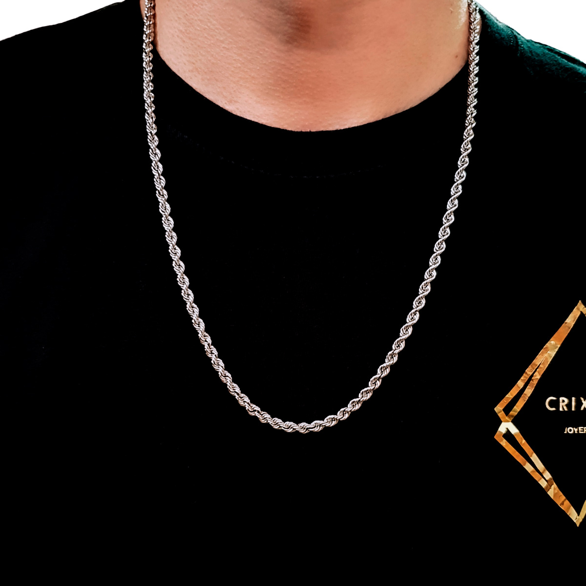 Cadena torzal de plata .925 con baño de rodio para hombre. Incluye certificado y caja de regalo.